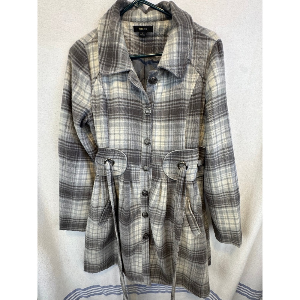 Double Zero Coat Gray White Plaid CS2310 Corset Back Belted Button Front L